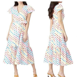 Color Me Courtney Dipping Dot Minnie Dress V-neck Short Sleeve White Midi Sz 6